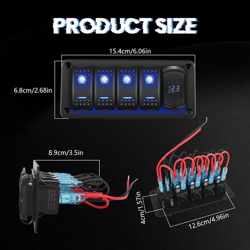 NORTHYUN 4 Gang Rocker Switch Panel with 4.8 A Dual USB Charger and Voltmeter Pre-Wired Waterproof 12V/24V DC Aluminum Switch Panel with 132PCS Night Glow Stickers for Cars UTVs ATVs Trucks Boats RVs - Image 3